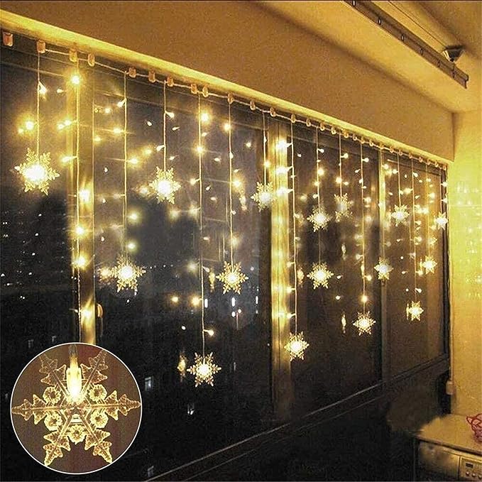 String Lights LED Curtain Light, 96 LED Fairy Hanging String Lights Waterproof Christmas Snowflake Lights with Wireless Control for Outside Indoor Bedroom Party Fence Patio - Warm White