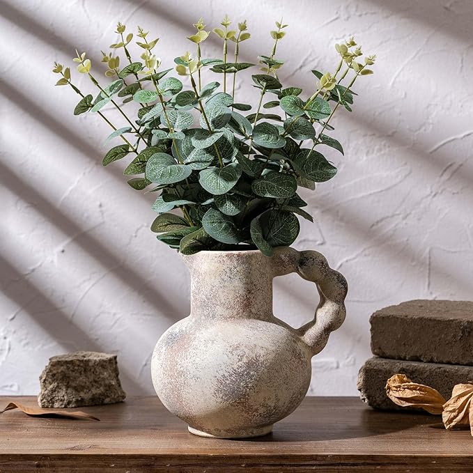 Antique Flower Ceramic Vase with Handle, Vintage Pitcher Terracotta Vases, Boho Decor Farmhouse Stone Pottery Vases, Rustic Decorative Vase for Home Decor, Table, Living Room, Mantel, Wedding 6.9 Inch