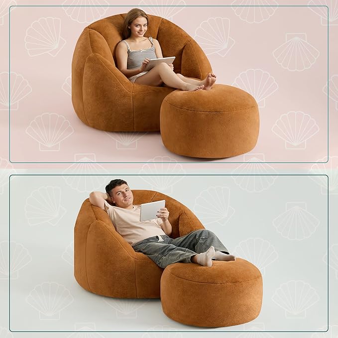 Giant Bean Bag Chaise Lounge Indoor Chair for Adults with Ottoman - Comfy Plush Round Shell Soft Accent Chair, Oversized Cozy Floor Sofa for Living Room Dorm Game Rooms, Orange