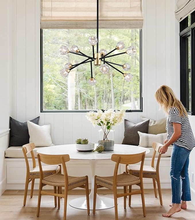 AMZASA Crystal Chandeliers, Modern Black and Gold Sputnik Pendant Lighting, 12 Lights Mid Century Ceiling Light Fixtures for Dining Room Kitchen Island Living Room Bedroom Bar,UL