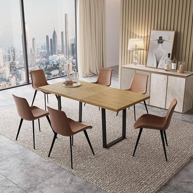 ZckyCine 51"-67" Modern Extendable Dining Table Set for 6 with 6 Padded Chairs, Wood Kitchen & Dining Room Table Set, Space-Saving Home Furniture for Small Families