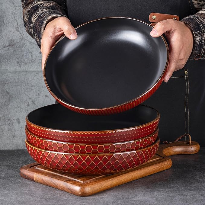 GBHOME 9.5'' Large Pasta Bowls, 42 Ounce Stoneware Salad Bowls for Kitchen, Ceramic Serving Bowls With Textured Pattern for Pasta,Fruit, Stews,Noodle, House-warming Gift, Set of 4-Rythmic Red