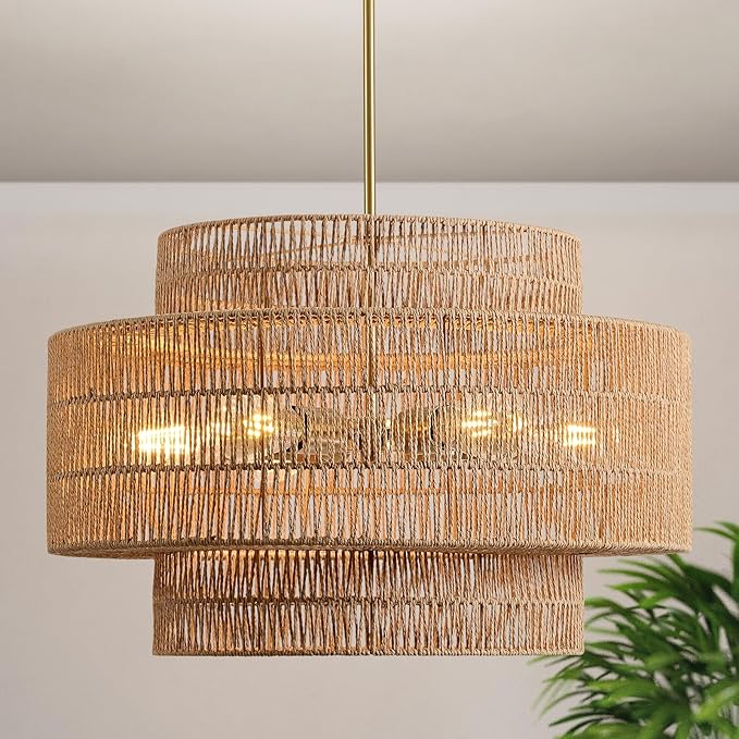 24” Boho Large Rattan Chandelier Light Fixture,6-Light Large Hand Woven Pendant Light Fixture Farmhouse Rustic Chandeliers for Kitchen Bedroom, Dining Room, Living Room, Hallway, Foyer