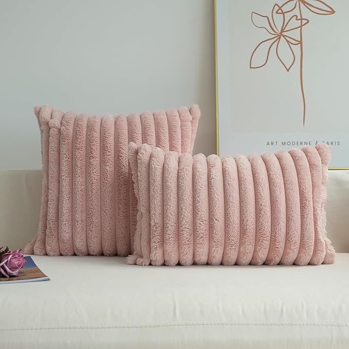 JOJUSIS Pack of 2 Faux Fur Plush Decorative Throw Pillow Covers Couch Cushion Case Soft Pillowcases (Pink, 12 x 20-Inch)