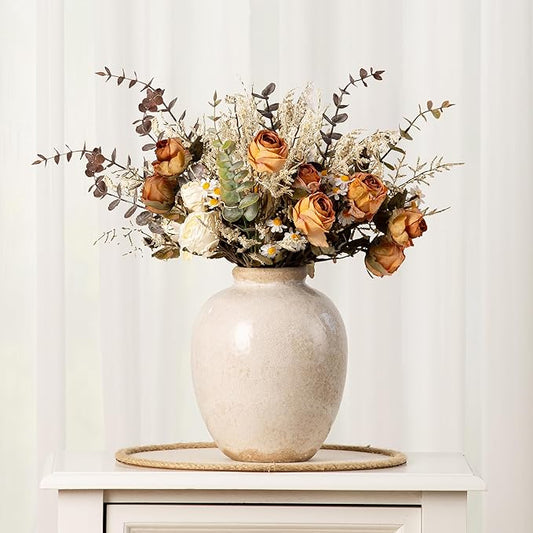 Ceramic Rustic Vase, White Vintage Flower Decorative Vase Chinoiserie Decor Rustic Farmhouse Retro Floral Vases for Table Bookshelf Mantel Kitchen Living Room Office - 7.8inch