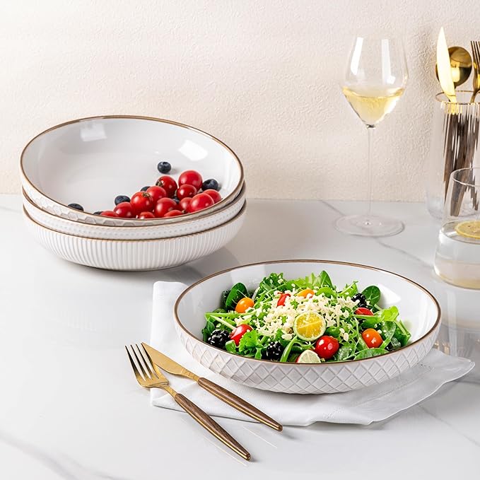 GBHOME 9.5'' Large Pasta Bowls, 42 Ounce Stoneware Salad Bowls for Kitchen, Ceramic Serving Bowls With Textured Pattern for Pasta,Fruit, Stews,Noodle, House-warming Gift,Set of 4-Off White