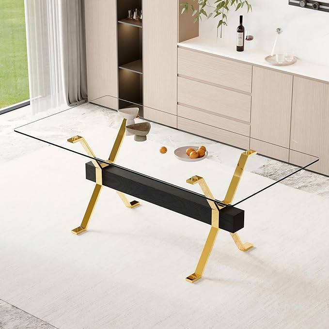 79" Glass Dining Table, Modern Kitchen Table, Modern Dining Table Set for 6, 0.5" Thick Tempered Glass Tabletop with Gold Chrome Metal Legs and Black Crossbar, Ideal for Dining Room, Kitchen