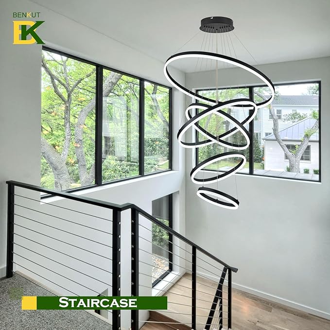 5 Rings D31.5 Modern LED Chandelier Black Large Dimmable Circular High Ceiling Chandeliers with Remote Control for Foyer Dining Room Living Room Staircase Villa, 3000K-6500K CCT