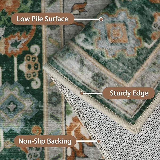 GENIMO 2x10 Runner Rugs for Hallway, Machine Washable Non Slip Vintage Rugs, Low Pile Lightweight Soft Print Rug for enrtyway, Corridor, Home Office, Kitchen,Pine Green