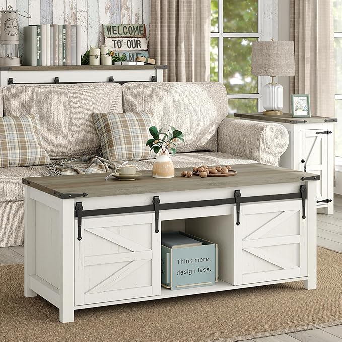 47.3''Lift Top Coffee Table, Farmhouse Center Table with Large Storage & Sliding Barn Doors, Modern Rectangular White Cocktail Table for Living Room, Grey Top