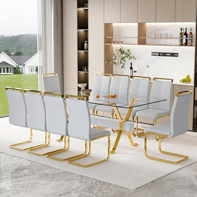 11 Piece Glass Dining Table Set, 79" Modern Dining Table Set for 10, 0.5" Thick Tempered Glass Tabletop with Silver Chrome Metal Legs and Grey Crossbar, 10 PU Chairs for Dining Room, Kitchen