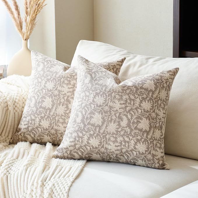 Floral Throw Pillow Covers 18x18 Farmhouse Block Print Pillow Covers Decorative Pillow Covers Couch Pillows for Living Room Vintage Accent Sofa Pillows Set of 2, Taupe Grey