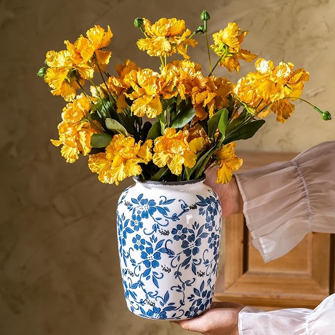 Blue and White Vintage Vase, Ceramic Chinoiserie Floral Vases, Retro Ice Cracked Round Farmhouse Rustic Large Flower Vases for Home Decor Centerpieces, Living Room, Bookshelf, Office 7.8 Inch