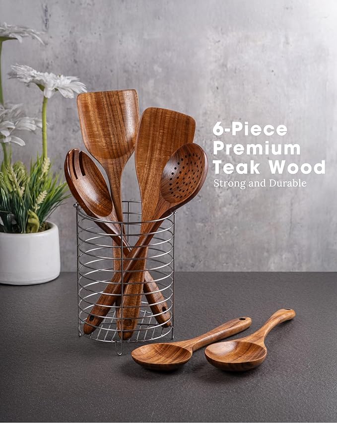 New Kitchen 6 Piece Wooden Spoons for Cooking - Smooth Finish Teak Kitchen Utensils Set - Non-Stick Wooden Spatula Perfect Kitchen Essential and Gift - Long Wooden Spoon Sets