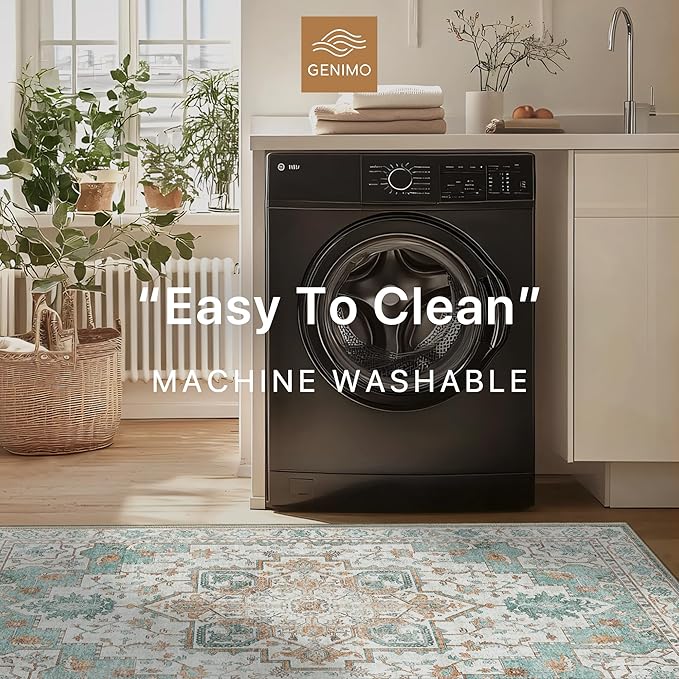 GENIMO 9x12 Area Rugs for Living Room, Machine Washable Non Slip Vintage Rugs, Low Pile Lightweight Chenille Print Rug for Bedroom, Dining Room, Home Office, Cyan