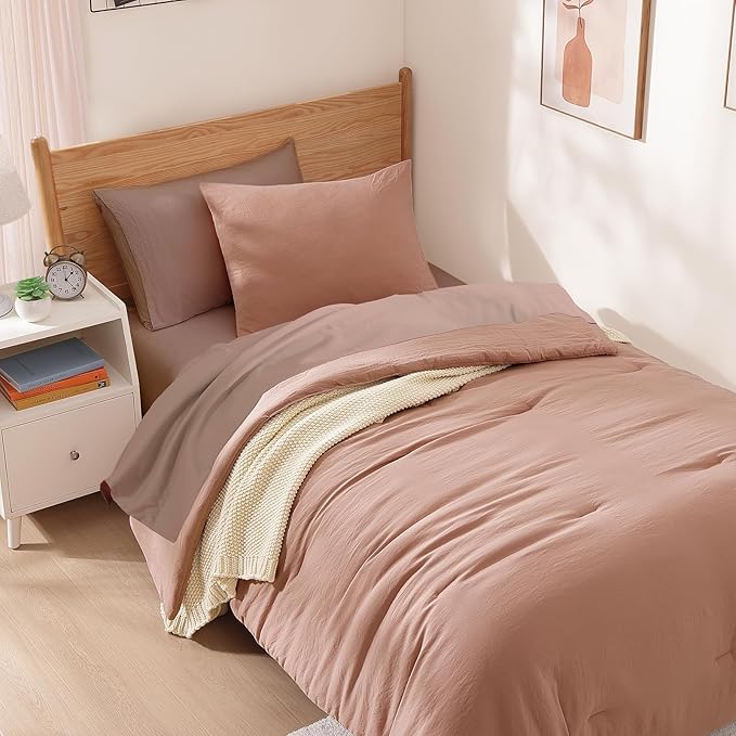 WRENSONGE Twin Comforter Set- 5 Pieces Clay Pink Twin Bed in a Bag, All Season Twin XL Bedding Sets with 1 Fitted Sheet, 1 Flat Sheet, 1 Pillow Sham and 1 Pillowcase