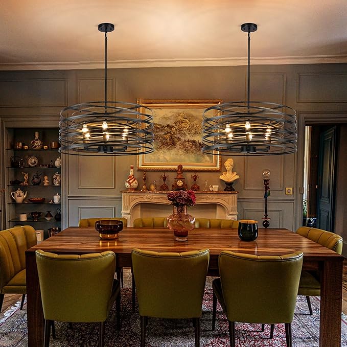 6-Light Dining Room Chandeliers Farmhouse，23.6" Large Black Farmhouse Chandelier，Wood Grain and Vintage Black Dining Room Light Fixture for Kitchen Entryway Living Room