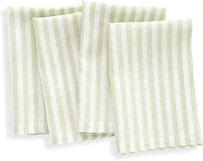 Solino Home Linen Cloth Napkins Set of 4-100% Pure Linen Sage and White Striped Dinner Napkins 20 x 20 Inch for Fall, Thanksgiving, Christmas - Amalfi Stripe, Handcrafted and Machine Washable