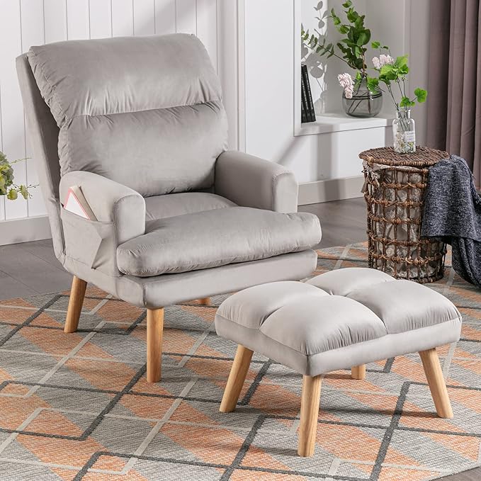 CANMOV Modern Accent Chair with Ottoman, Soft Fabric Armchair with Adjustable Backrest and Side Pockets, Comfy Lounge Chair for Living Room, Bedroom, Apartment, Office, Grey