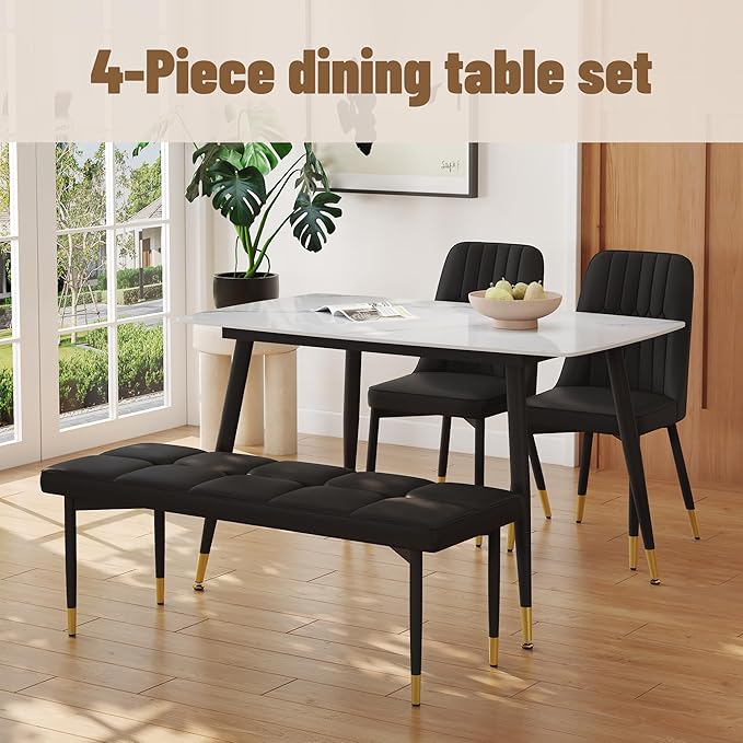 White Marble Dining Table Set for 4 with Chairs and Bench Modern Kitchen Table 2 Upholstered Chairs and Bench 4 Pcs Dining Table Set for Small Space Apartment