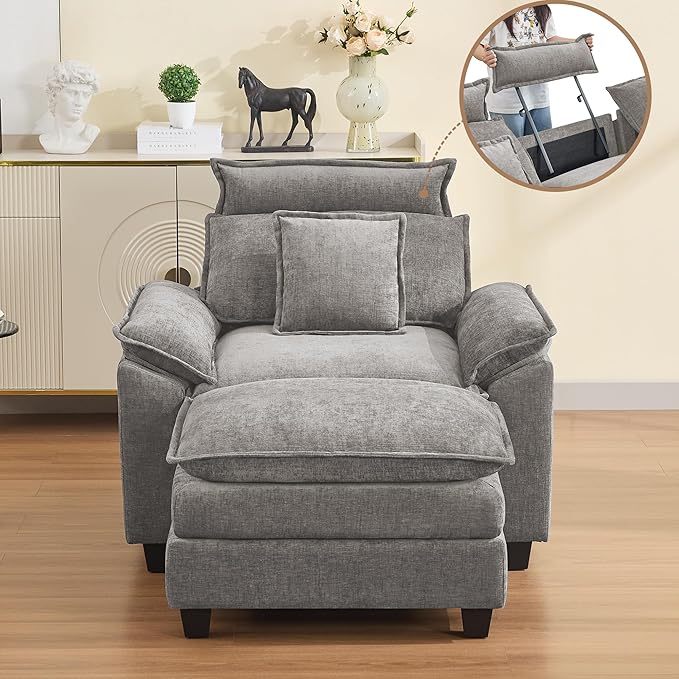 46''Cloud Oversized Sofa Chair with Detachable Headrest, Upholstered Comfy Arm Accent Chair with Ottoman,Modern Chenille Reading Lounge Armchair for Living Room,Bedroom, Light Grey