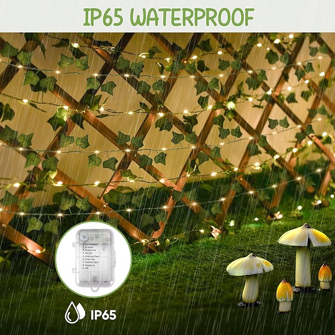 40ft 120 LED Vine Fairy Lights Battery Operated, 8 Modes & Timer Ivy String Lights with Remote, Green Leaf Lights for Indoor Bedroom Classroom Office Wall Garden Party Wedding Decor (Warm White)