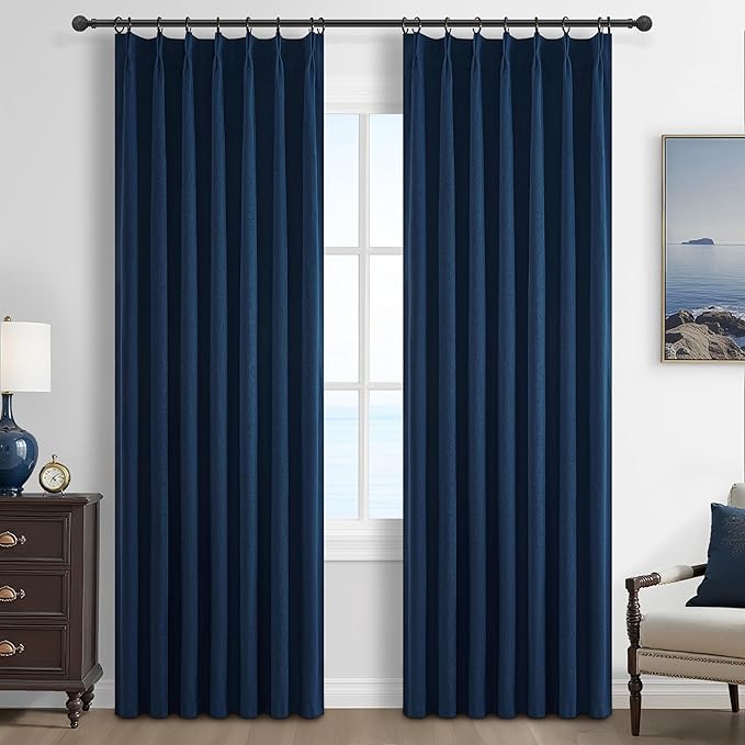 Navy Blue Blackout Curtains 90 Inch Length for Kids/Boys Rooms/Bedroom, Pinch Pleated Drapes with Hooks Viral Linen Thermal Coastal Curtain Dark Blue Window Burg (40" Wx90 Lx 2 Panels)