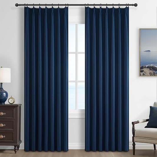 Navy Blue Blackout Curtains 90 Inch Length for Kids/Boys Rooms/Bedroom, Pinch Pleated Drapes with Hooks Viral Linen Thermal Coastal Curtain Dark Blue Window Burg (40" Wx90 Lx 2 Panels)