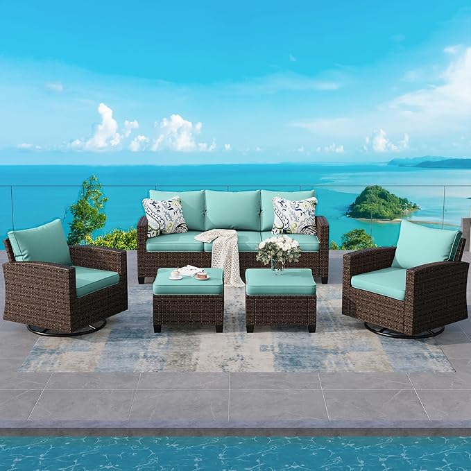 Swivel Glider Patio Furniture Set Outdoor Furniture Brown Wicker Rattan Patio Conversation Sets with Cushion Outside Sofa Set,5 Pieces 7 Seats,Blue