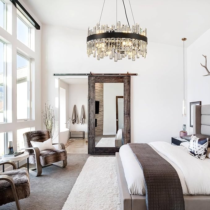 Round Crystal Chandeliers, D19.7 inch 12-Light Black Chandelier Lighting Fixture, Height Adjustable Pendant Ceiling Light for Living Room Dining Room Bedroom