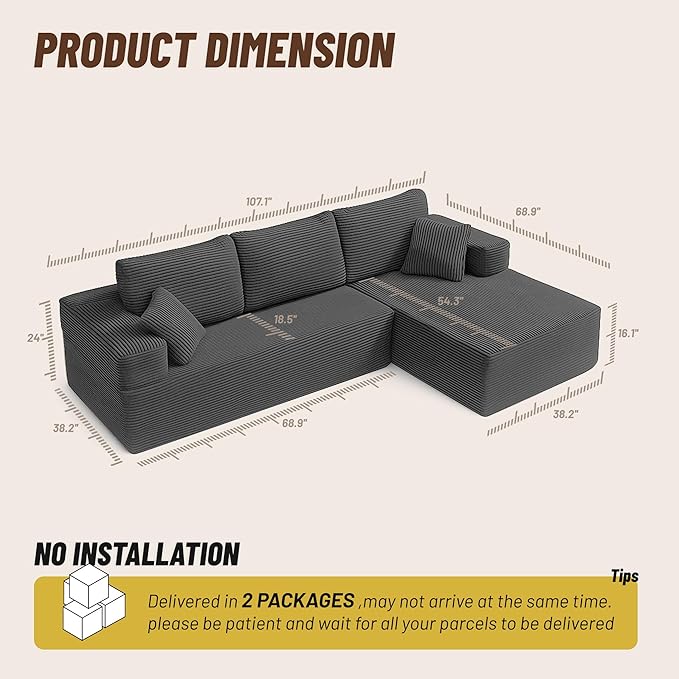 107" Boneless Couch with Deep Seat, Modular Sectional Sofa, Cloud Sectional Couch for Living Room, No Assembly Required, Corduroy, L-Shape Right，Grey