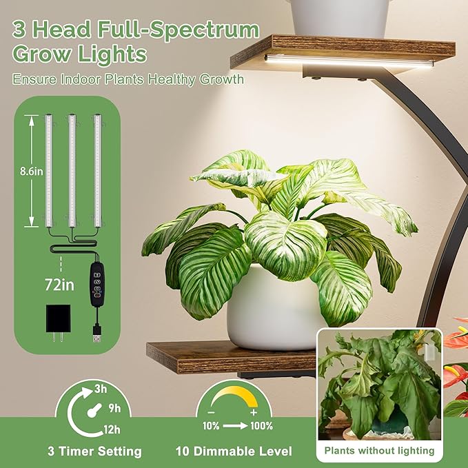 CODACE Plant Stand Indoor with Grow Lights - 62" Tall Plant Shelf Indoor, Lighted Corner Plant Stands for Indoor Plants, 8 Tiered Flower Spike-Shaped Rack for Living Room, Patio, Balcony Decor（Black