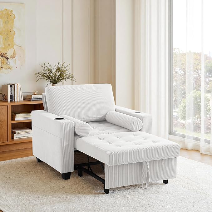 UIXE 3-in-1 Sleeper Chair Pull Out Sofa Bed, Convertible Reclining Seat Upholstered Armchair, Adjustable Backrest Recliner Chair with Side Pockets, Cup Holder & USB Ports - Beige White
