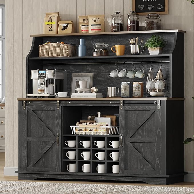 55 Inch Farmhouse Coffee Bar Cabinet with 3-Tier Storage, Kitchen Hutch with 12 Wine Racks & 3 Glass Holders, Coffee Bar with 6 Hooks, Wine Bar Cabinet for Dining Living Room, Black