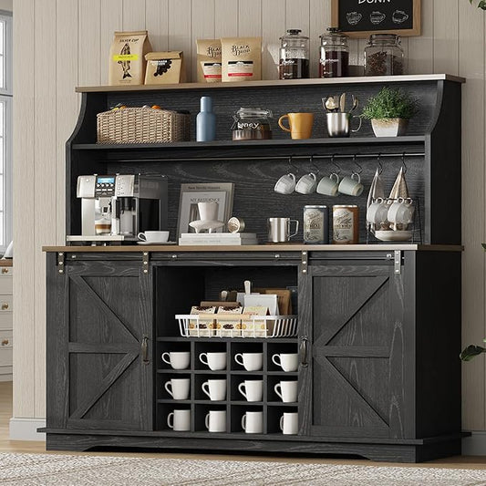 55 Inch Farmhouse Coffee Bar Cabinet with 3-Tier Storage, Kitchen Hutch with 12 Wine Racks & 3 Glass Holders, Coffee Bar with 6 Hooks, Wine Bar Cabinet for Dining Living Room, Black