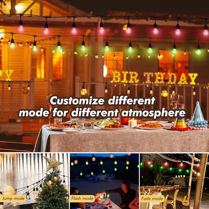 48FT RGB Outdoor String Lights, 15 Shatterproof Edison LED Bulbs, Waterproof Color Changing Patio Lights with Remote. Dimmable Decorative Lighting for Backyard, Camping.