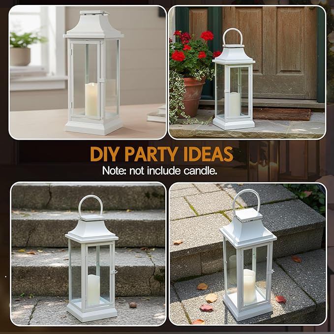Nuogo 25 Inch Large Metal Lanterns with Glass Panels White Hanging Vintage for Table Porch Home Party Decor Gift Indoor Outdoor, Candle Not Includes