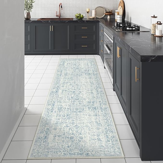 Blue Runner Rug 2x8 Hallway Machine Washable Kitchen Vintage Distressed Non Slip Long Carpet Indoor Retro Floral Bedroom Accent Throw Rug for Bathroom Office Laundry Dining Room