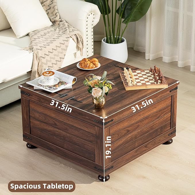 Farmhouse Coffee Table with Hidden Storage,Large Square Center Table for Living Room,Retro Cocktail Tables with Flip-Top Lids, Farm House Tables with Wooden Gourd Feet for Home,Brown Walnut