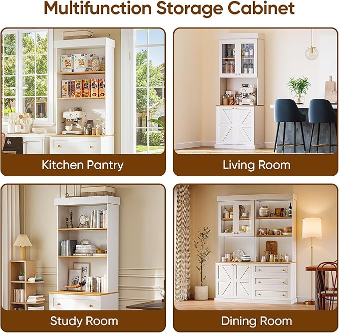 71" Tall Farmhouse Kitchen Pantry, Large Storage Cabinet with Glass Doors and Drawers, Freestanding Coffee Bar Hutch with Microwave Stand, Adjustable Shelves for Kitchen, Living Room, White 4 Pcs