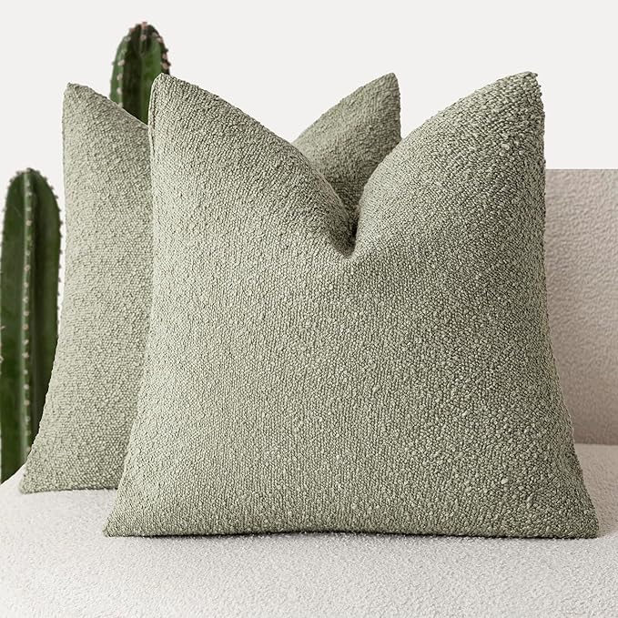Foindtower Pack of 2, Decorative Textured Boucle Throw Pillow Covers Accent Solid Pillow Cases Cozy Soft Couch Cushion Case for Chair Sofa Bedroom Living Room Home Decor 22x22 Inch Dirty Sage Green