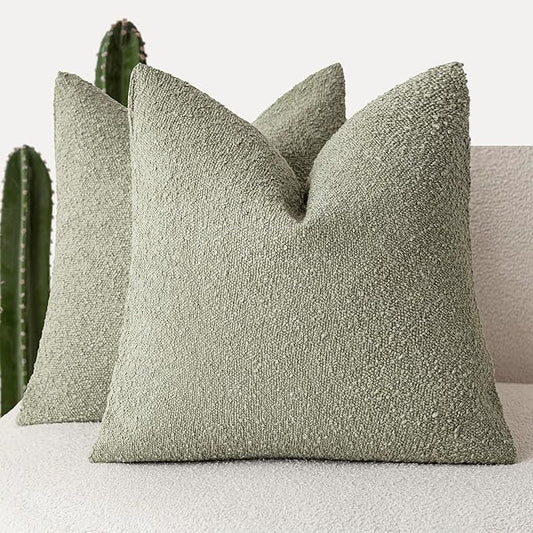 Foindtower Pack of 2, Decorative Textured Boucle Throw Pillow Covers Accent Solid Pillow Cases Cozy Soft Couch Cushion Case for Chair Sofa Bedroom Living Room Home Decor 22x22 Inch Dirty Sage Green
