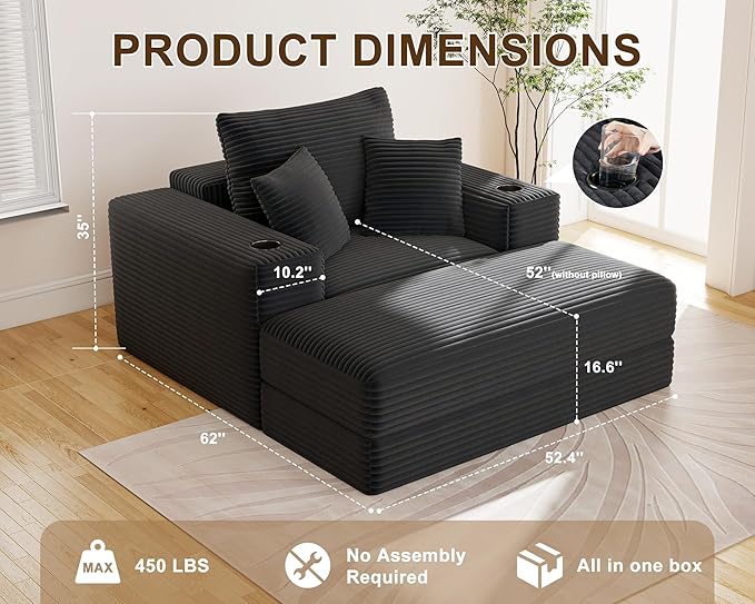 62" Oversized Chaise Lounge Chair Indoor, Fluffy Corduroy Upholstered Boneless Couch, Convertible Sleeper Sofa Bed & Reading Chair, Cloud Sofa Couches for Living Room, No Assembly, Black