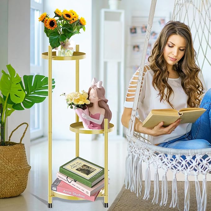 Metal Plant Stands Outdoor, 3 Tier Corner Plant Stands for Indoor Plants Tall, Golden Flower Pot Display Stand Plant Shelf for Patio Clearance Garden Balcony Living Room Gardening