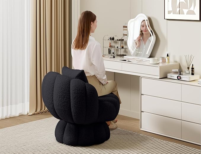 Mid Century Modern 360 Degree Barrel Swivel Accent Vanity Chair,Fluffy Sherpa Fabric Lounge Wide Upholstered Pumpkin Reading Chair, Round Cloud Armchair for Living Room,Bedroom,Vanity(Black)