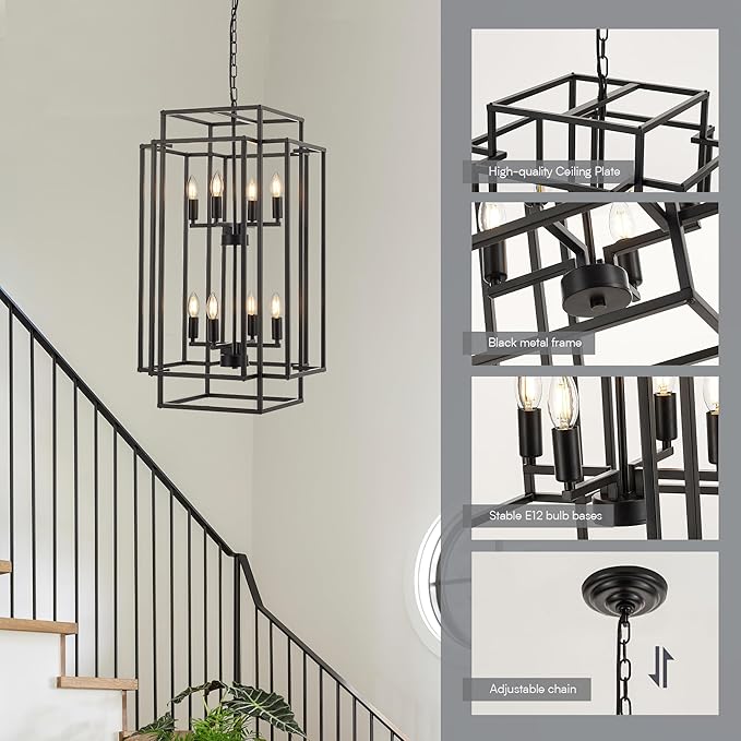 8-Light Lantern Tiered Pendant Light Fixtures, Black Metal Farmhouse Chandelier Hall Foyer Hanging Chandelier for Kitchen Island Dining Room Living Room Foyer Entryway, Black