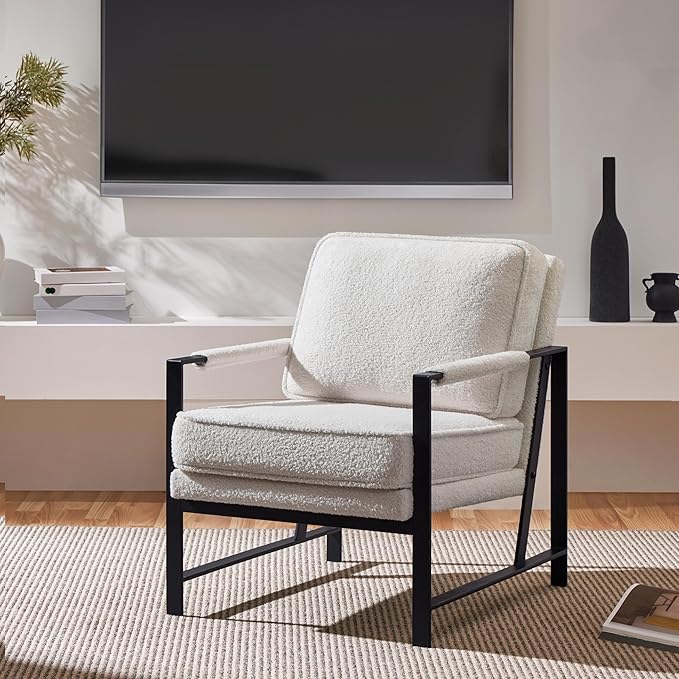 Yaheetech Teddy Boucle Fabric Armchair, Retro Leisure Accent Chair with Extra Soft Padded and Cushion, Modern Reading Arm Chair with Black Metal Frame for Living Room/Office/Bedroom/Study, Ivory