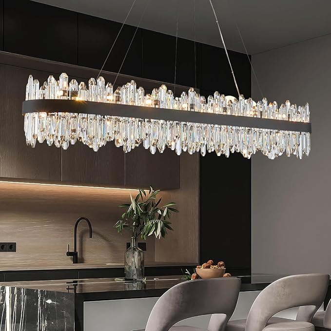Modern Rectangular Crystal Chandelier, L57” Black Raindrop Chandelier Lighting Contemporary Pendant Ceiling Light Fixture for Dining Room Living Room Kitchen Island, G9 x 32 Lights