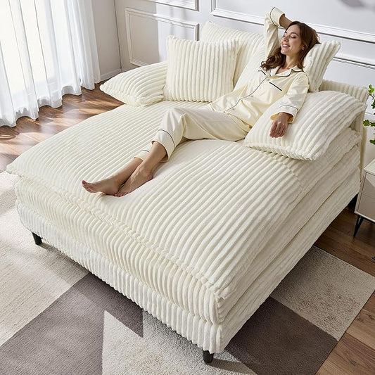 55" W Oversized Chaise Lounge Sofa Couch with 5-Position Adjustable Backrest, Corduroy Sleeper Sofa Bed, Reading Chair ‌with Deep Seat, Cloud Couches for Living Room, Beige
