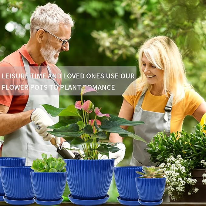 Plant Pots Indoor with Saucers & Drainage - 6 Pack Flower Pots - Plastic Planters for Indoor Planter - 7.5/6.6/5.8/5.0/4.3/3.5 inches Sizes for All Different Types of Plants-Dark Blue